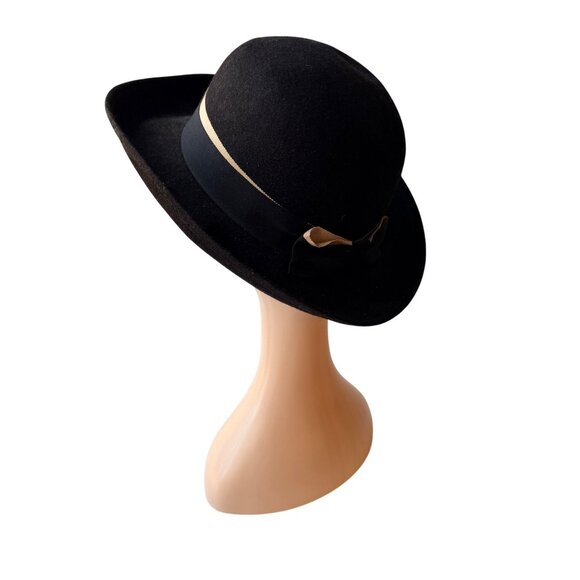Vintage‎ 50s - 60s Black Wool Derby Bowler Hat Ribbon Bow Tally Ho main image 4